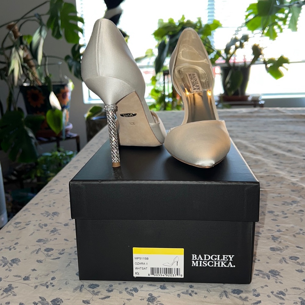 Satin Badgley Mishchka pumps. 3.75” heel.